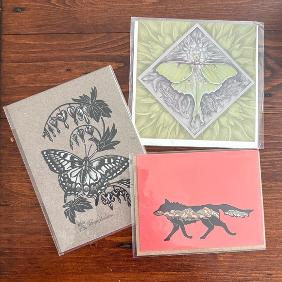 NEW 3pc Woodcut Style Butterfly Moth & Desert Mountains Coyote Handmade Cards - Picture 1 of 7